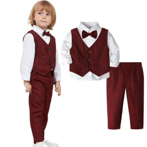 Formal Attire for Kids Boys Ring Bearer Outfit Toddler Gentleman Christmas Clothes Children New Year Suit Child Birthday Photoshoot Set Baby Toxido Pageant Dress 1-5 Years Red Green Waistcoat Trouser㏇X0422