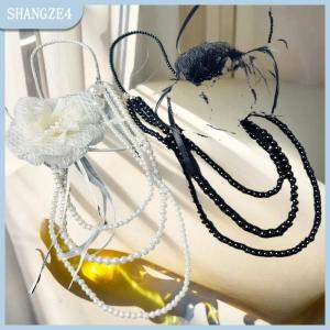 【SHANGZE4】 Nhiều lớp ngọc trai dài Vòng cổ hoa hồng thiết kế áo len chuỗi trang sức phụ kiện cho phụ nữ