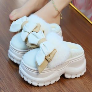 Waterproof clog slippers with fur slides womens indoor kawaii bowknot mules woman winter high platform home slippers ladies