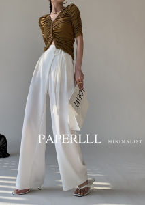 Alisa.sonya ผู้หญิงกางเกงขากว้างสไตล์เกาหลีเต็มความยาวเทเลอร์กึ่งทางการกางเกง Drawstring เอวสูงจีบออกแบบหลวมตรงกางเกงห่อสีขาว