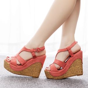 Foreign Trade plus Size 12 cm Wedge Platform Hollow Sandals Thick Bottom Wedge High Heels Womens Foreign Trade Wedge Sandals ㏇L0529