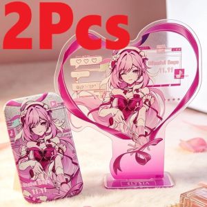 2Pcs/Pack Elysia Herrscher Of Human: Ego Doujin Pink Heart Acrylic Stand Square Double Flash Tinplate Badge Anime Game Peripheral Gift