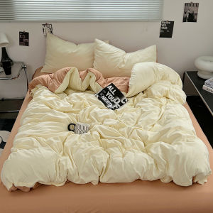 Dansunreve 4in1 Quilt Cover Fitted Bedsheet Set Washed Cotton Queen/King Comforter Cover Set Plain Bedding Sets