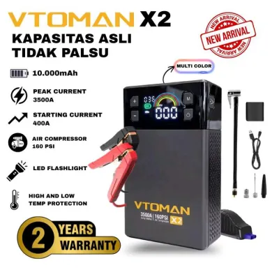 READY BOS VTOMAN X2 10000MAH JUMP STARTER AKI POWERBANK POMPA ANGIN PORTABLE JUMPER AKI MOBIL DENGAN BATERAI LIFEPO4 10000MAH & LAMPU DARURAT UNTUK KENDARAAN 12V KABEL CAR