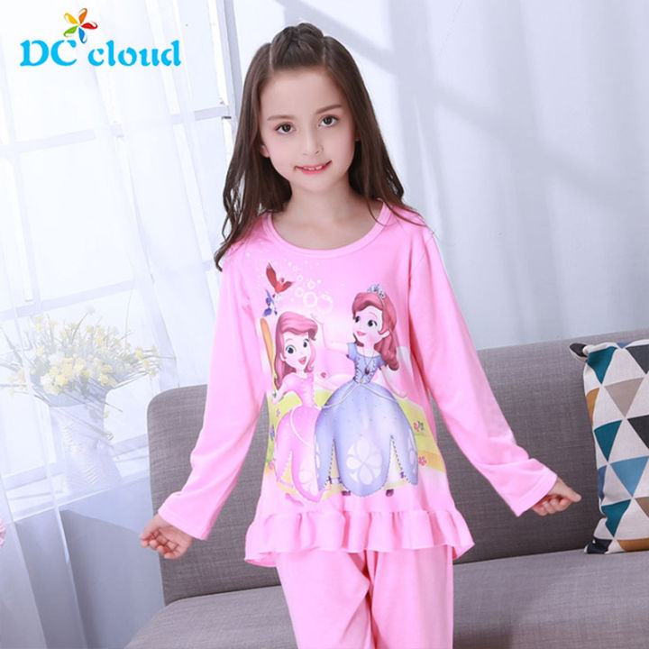 DC Cloud 3-14Years Girls Princess Summer/Autumn Elsa Snow White Long Sleeve  Sleepwear Pajamas Pyjamas Top Home Clothing Cartoon Frozen Nightgown Suit  - Main Image