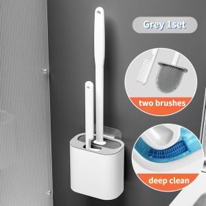 Toilet Brush Big + Small Long Handle Brushes Toilet Bowl Brush with Holder No-Drill Corner Bathroom Cleaning Tool Silicone Brush Wall-Mounted Hanging