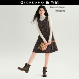Giordano Women Plaid pleated hem round neck vest dress Free Shipping 18466534