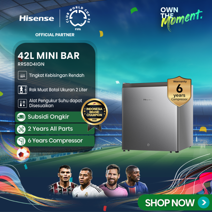 Hisense Kulkas Mini Bar Kulkas 1 Pintu - RR58D4IGN (Refrigerator) Lemari Es Portable  - Silver 【Net Capacity 42L】 【Space-Friendly】【Low Noise】【Separate Chiller】