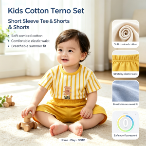 AILEBE Kids Sets Combed Cotton Terno Short Sleeve Tee Shorts Set Soft Breathable No Sweat Elastic Waistband No Marks 3D Stylish Comfy Fit Summer Pambahay OOTD For Baby Boys 1-8 Years