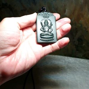Premium deep greenish Nephrite double sides cravings  Akasagarbha (guardian for zodiac sign Ox & Tiger) and Pi Xiu Jade pendant/handheld (with certificate) [Natural Crystal] 和田玉塔青墨绿双面雕刻虚空藏菩萨(合生肖虎、牛)、虎啸山河、貔貅吊坠/手把(带证书)