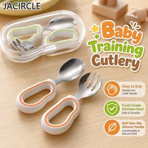 Food Grade 316 Stainless Steel Baby Spoon Fork Set Curved Silicone Handle Toddler Self Feeding Training Utensils With Storage Box