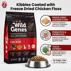 Wild Genes 1 Bag Complete Nutrition Dog Food Enhanced Chicken Freeze Dried Chicken Floss Prebiotics & Probiotics Yucca Extract 4.8kg