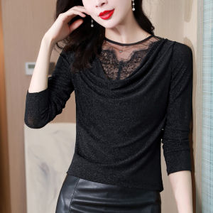 AMMIN 2025 Autumn New Shiny Long Sleeve Sweet Embroidery Crochet Hollow Lace Patchwork V-Neck Long Sleeve Stretch T-Shirt for Women Korean Style Casual Elegant Blouse