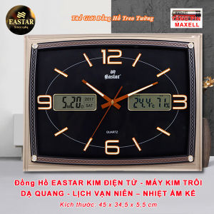 Đồng hồ Kim Điện tử KIM TRÔI EASTAR Mặt Kính Tràn Viền 3D DẠ QUANG – Lịch Vạn niên Nhiệt Kế và Ẩm Kế – Tặng 3 Pin Maxell – Decor Trang Trí