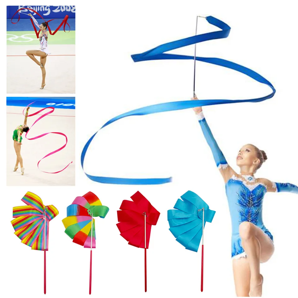 6 Pcs 2m Dance Ribbons Rhythmic Gymnastics Ribbon Dancing Streamers Ribbon  Wands Baton Twirling With Rods For Kids Artistic Dancing Gym Circus Trainin