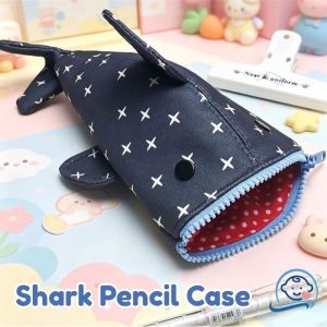 Cartoon Funny Shark Pencil Case Large Capacity Star Pattern Canvas Portable Stationery Organizer