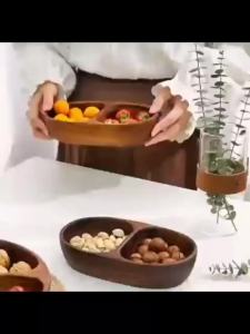 Tissting Wooden Tray Serving Bowl for Salad with Two Compartment Rustic Server for Foods Salads Fruits Bread Wooden Salad Bowl Entryway Key Catch Tray (Large Compartment Oval)