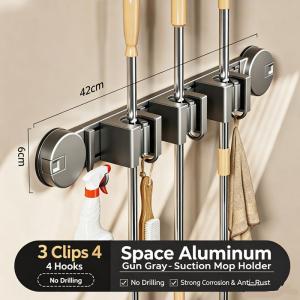 Broom Mop Holder with Hooks Punch-free Broom Storage Rack Mop Broom Organizer for Bathroom Bathroom hook