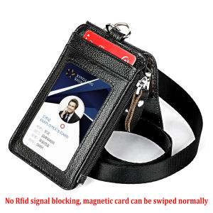 IQGE NEW Office Supplies Genuine Leather Business Work Name Tag Card Holder Staff ID Credit Card Cover RFID Block Card Holder Purse Badge Zipper Pouch with Lanyard