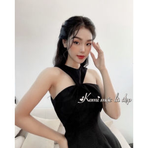 Váy yếm cổ xoắn khoét vai cách điệu Kemi đầm xòe dáng A chất Borip cao cấp thiết kế mới
