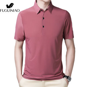 FUGUINIAO Mens New Ice Silk Casual Solid Color Short-sleeved POLO Shirt