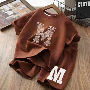 LS Show Childrens T-shirt Set Summer Boys Loose Short Sleeve Shorts Casual Versatile Fashion Two-piece Set for Middle-aged Young Children