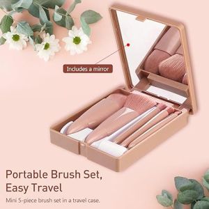 Makeup Brush Set with Mirror - 5-Piece Travel Brush Set for Foundations Powders Concealers and Eye Shadows