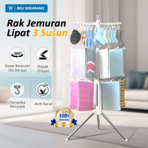 Jemuran Gantungan Baju Bayi 3 Susun Jepitan Baju Pakaian Bayi Baby Anak Jemuran Portable Menara Lipat Stainless