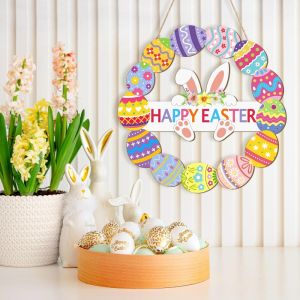 EMERRY Cartoon Easter Bunny Egg Hanging Sign Colorful Wooden Happy Easter Wall Decor Creative Festival Welcome Door Sign Pendant Home Yard Spring Decor