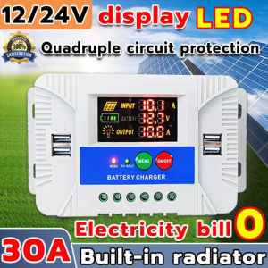 30A Solar Controller 12/24V Adaptive LED Screen with Charging/Discharging Current Display