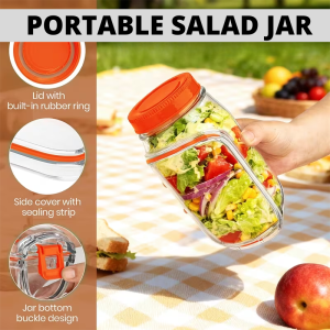 Leakproof Salad Container with Side Opening Portable Salad Jar with Dressing Compartment Reusable Lunch Box