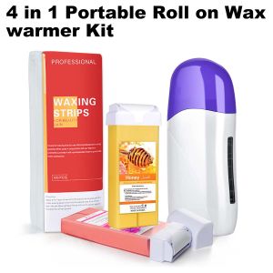 4in1ชุดเครื่องแว็กซ์แบบพกพาเครื่องทำความร้อนแว็กซ์แบบใช้มือถือ Salon Soft wax ชุดกำจัดขน