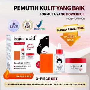 GUAN JING Set 3 Produk Kojic Acid Homemade Soap 100g + Krim Wajah Kojic Acid 50g + Serum Wajah Kojic Acid 50ml Paket 3 - Krimnya Membantu Melembapkan & Meratakan Warna Kulit Sabunnya Membersihkan wajah Serumnya Mengurangi Tampilan Garis Halus & Kerutan