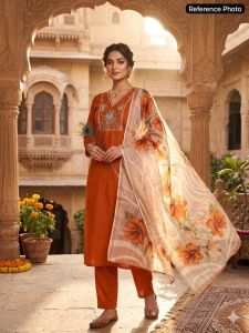 [PRE ORDER : 10 DAYS] Light Rust Designer Kurti Set with Beads & Moti Embroidery with Pant and Dupatta Size M to 2XL