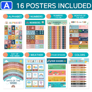 16pcs Kids Bohemian Educational Learning Poster English Alphabet Weather Time Study Chart Early Teaching Wall Decor for Home Kindergarten Preschool Nursery Room Decoration