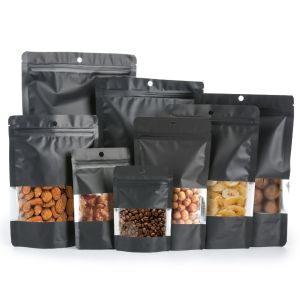 VOLKAFE Black Resealable Stand-Up Pouches with Transparent Windows for Nuts and Coffee Beans 50 pcs