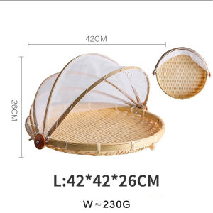 Round Serving Tray Bamboo Food Tent Hand-Woven Picnic Basket Flyproof Dustproof Food Cover Tudung Saji Rotan