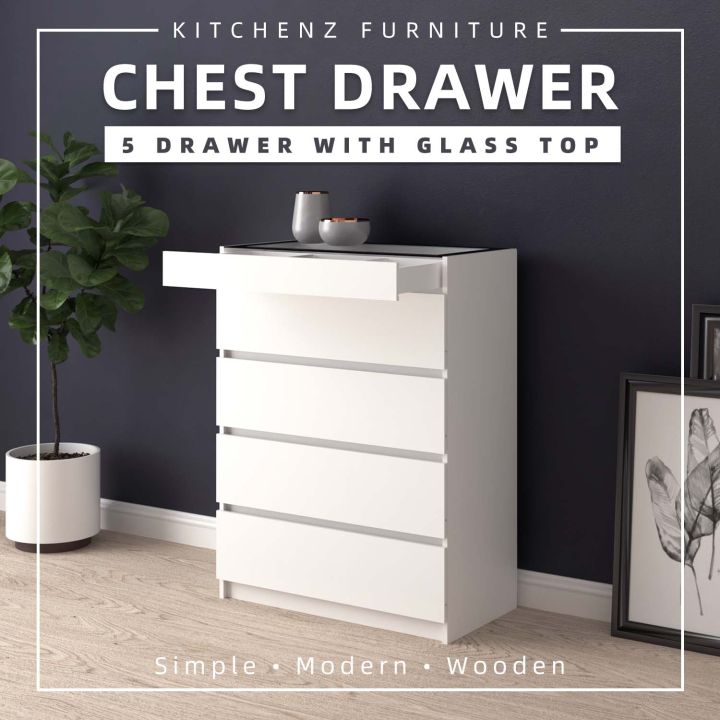 Kitchenz Layers Chest Drawer With Door Large Top Glass Display White Natural Oak Dark