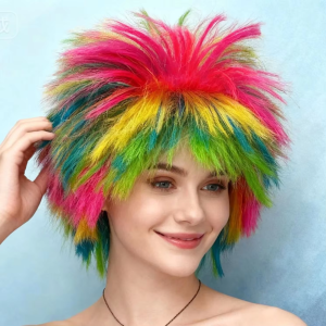 GJURD 14-inch Short Straight Colored Wig with Bangs Synthetic Easy to Care for Rainbow Spiky Mohawk Wig Fake Hair Breathable Multicolor Layered Hair Men Women