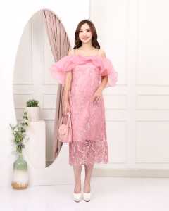 JD REALPIC Dress Renee Fashion Pakaian Wanita Bahan Brukat Tile Lapis Velvet Model Sabrina