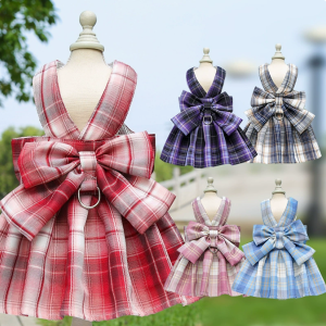 HATELI Dog Dress with Leash Bow Pet Harness Skirt Vest Clothes Pet Dog Dress Up Harness Clothing Traction Rope Princess Dress Cats Clothes Rabbit Harness Lattice Skirt for Small Medium Dogs