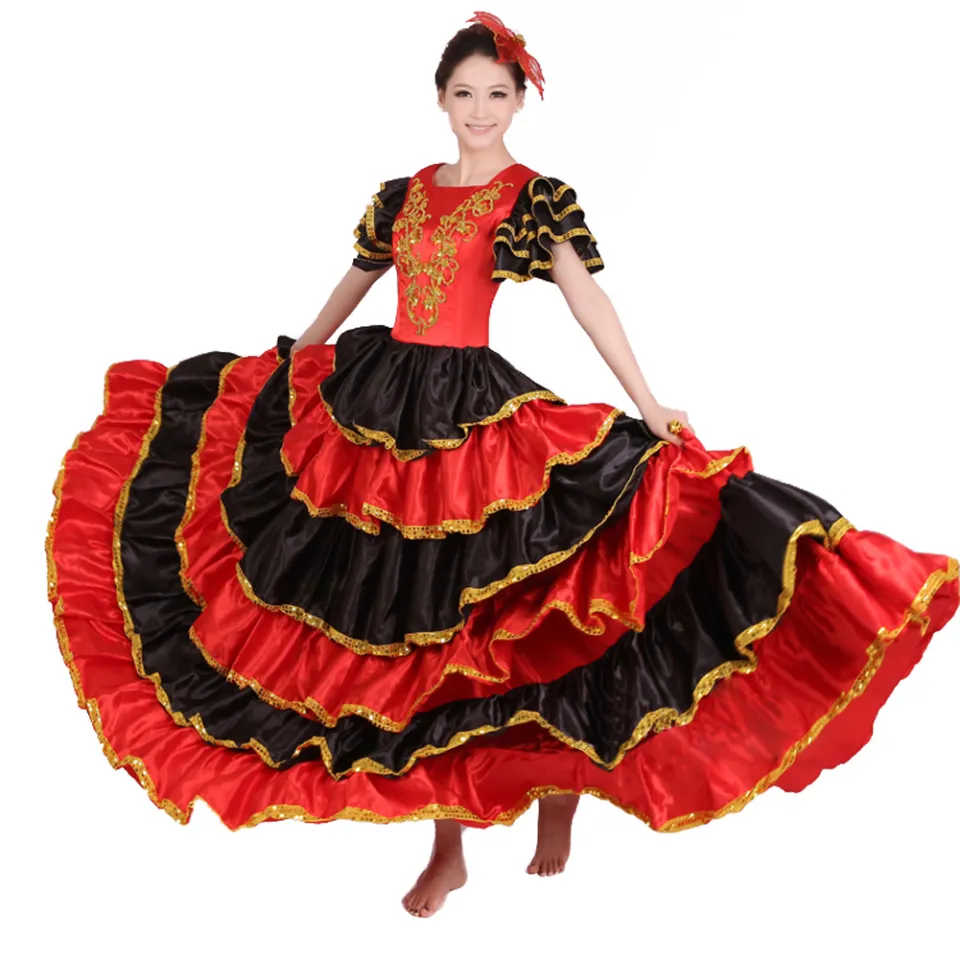 LOlanta Women Red Spanish Flamenco Dress Big Swing Maxi Birthday Party  Dresses Belly Dance Costume Attach Headpiece | Lazada PH