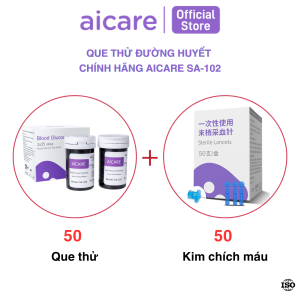 Combo 50 Que Thử Đường Huyết SA-102 Và Máy Đo Đường Huyết Chính Hãng AICARE Tặng 50 Kim Chích Máu Dành Cho Cá Nhân Dễ Dàng Sử Dụng Tại Nhà