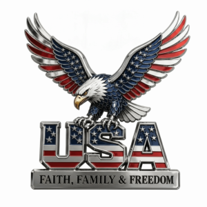 NOBLELUX American Eagle US Flag Pattern USA Faith Family Emblem Faith Family Freedom Slogan 3D Raised Metal Design Auto Badge Rust Resistant Durable Zinc Alloy Car Emblem Truck/SUV Exterior Decor