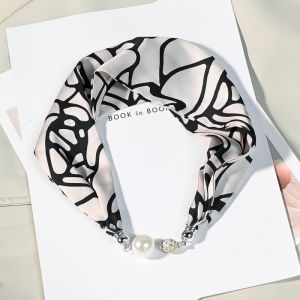 Magnetic Button Gemetric Print Silk Scarf Necklace For Women Elegant Summer Neck Accessory Headband