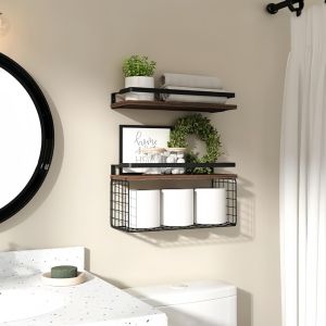 Bathroom Shelves with Storage Basket Wall Mounted Shelf Wood Home Wooden Wall Organizer Hanging