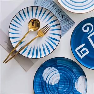 Japanese Style Ceramic Rice Bowl Blue & White Gold Rim – 2 Designs