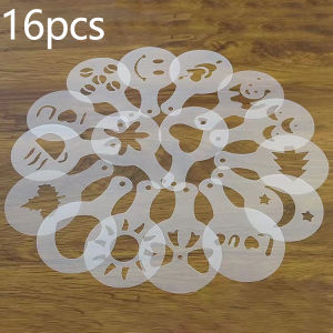 COD❤️16Pcs Coffee Printing Flower Model Barista Stencils Coffee Foam Spray Template Coffee Decor Tools Plastic Cafe Accessories Garland Mold Kitchen Gadgets