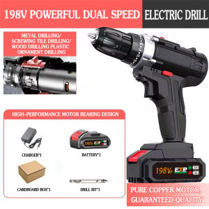 198V Cordless Electric Drill Impact Hammer Impact 2x Battery Cordless Screwdriver Power