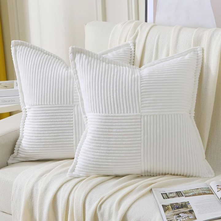 White Large Decorative Throw Pillow Covers 18X18 Inch Set of 1,Soft Solid  Corduroy Striped Cushion Case,Square Euro Pillow Shams,Fall Decorations for 